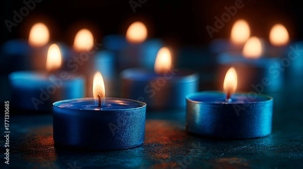 Fototapeta Multiple deep blue tea lights illuminate a dark surface with warm glowing flames