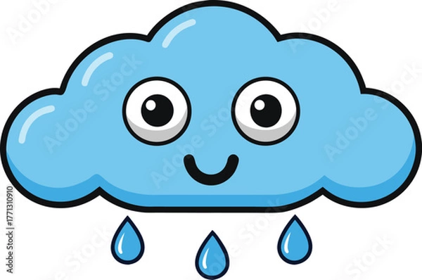 Fototapeta Cute blue cartoon cloud raining water drops with happy face vector template
