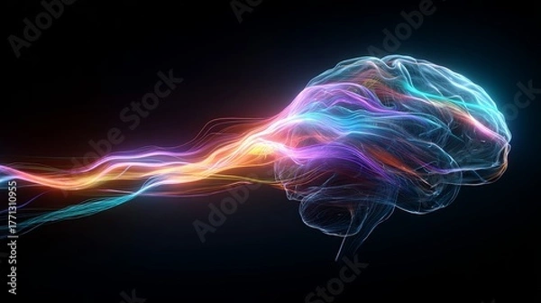 Fototapeta Illuminated neural network activity flows dynamically into a stylized human cerebrum