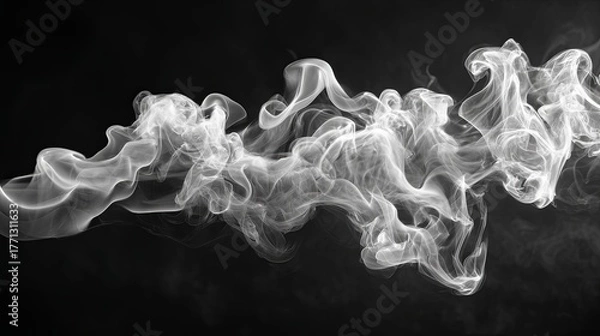 Fototapeta Horizontal stream of white vapor flows dynamically across a deep black background