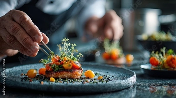 Fototapeta Culinary professional meticulously garnishes an exquisitely plated gourmet dish with delicate herbs.