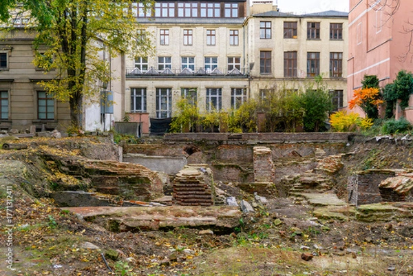 Fototapeta Exposed brick foundations and walls at an archaeological excavation site in city center, autumn surroundings, open area between urban residential buildings
