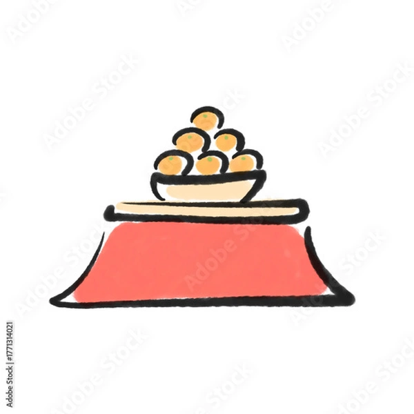 Fototapeta 墨絵のシンプルなこたつとみかん　正月素材・冬