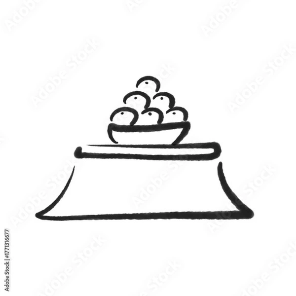 Fototapeta 墨絵のモノクロのシンプルなこたつとみかん　正月素材・冬