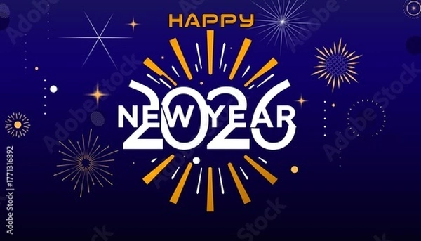 Fototapeta Festive graphic celebrating the new year 2026 with white text and golden fireworks on a dark blue gradient background. Perfect for new year's greetings and event promotion.