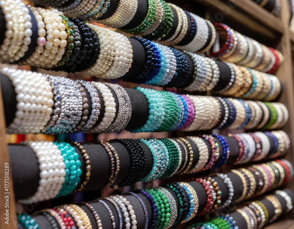 Fototapeta Colorful Stacked Gemstone and Pearl Bracelets on Display for Sale