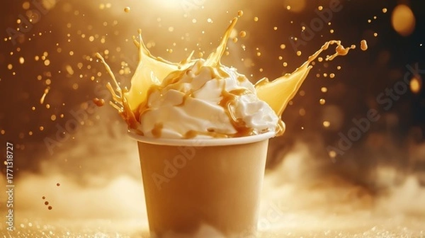 Obraz ultra realistic 4K dynamic product photo of a Caramel Macchiato in a premium paper cup, frozen motion of milk and caramel splashing around, golden light beams cutting through warm coffee steam,