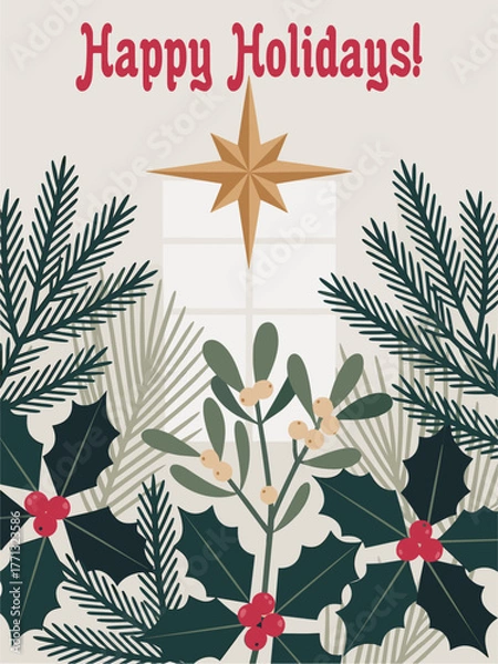 Fototapeta Minimalist holiday greeting card with “Happy Holidays!” text, golden star, pine branches, palm fronds, mistletoe, and holly berries on a warm beige background in a modern festive style.
