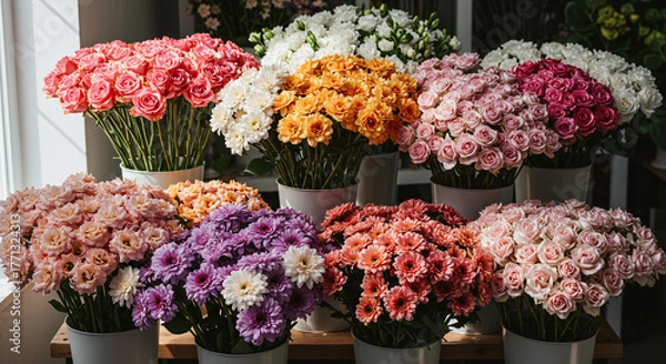 Obraz A collection of multiple colorful flower bouquets arranged neatly on a wooden table in a flower shop