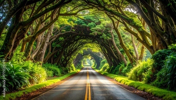 Obraz Road Through Lush Green Tree Tunnel in Kauai, Hawaii.
