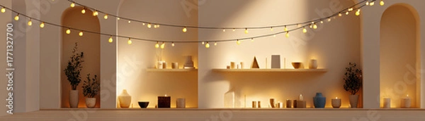 Obraz Small business Christmas branding with warm light string and cozy decorative candles on shelves creating festive atmosphere