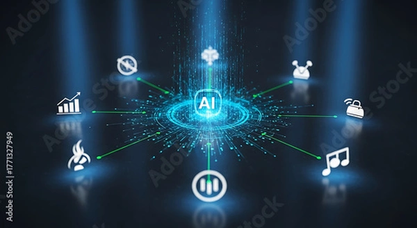 Obraz Artificial intelligence concept with glowing icons and data streams