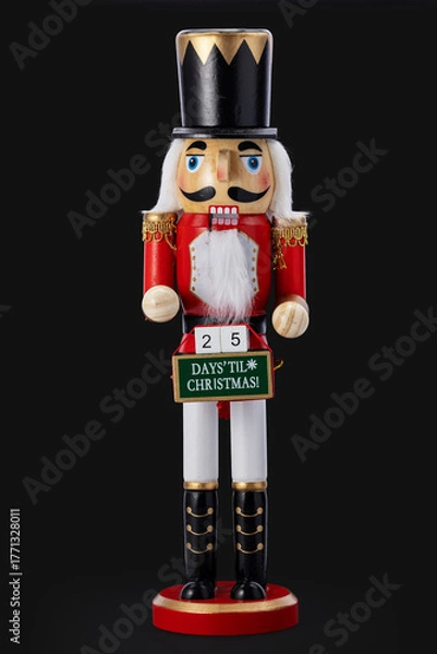 Obraz Nutcracker Soldier Toy Ornament With Countdown Sign For Christmas Celebrations, Decorative Winter Holiday Decor, isolated on black background