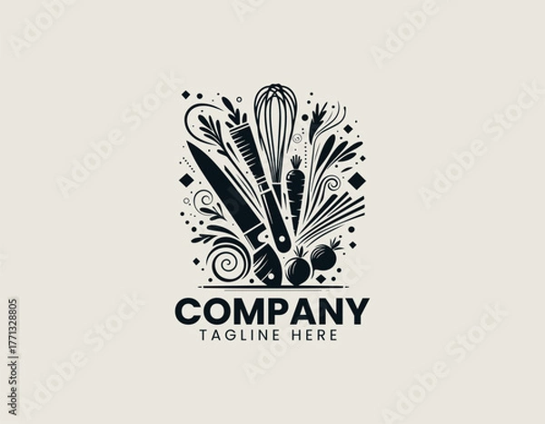 Fototapeta Artistic composition of kitchen tools and vegetables with knife and whisk in abstract black vector logo design illustration