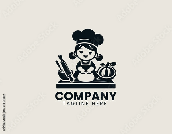 Fototapeta Cute cartoon girl chef kneading dough on table with flour bowl and rolling pin black vector logo design illustration