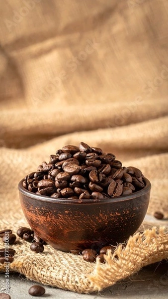 Obraz Roasted Coffee Beans in a Bowl on Burlap Fabric.