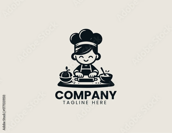 Fototapeta Cute cartoon girl chef kneading dough on table with flour bowl and rolling pin black vector logo design illustration