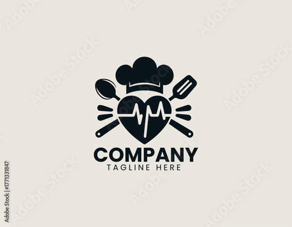 Fototapeta Chef hat with heartbeat line spoon and spatula minimalist black vector logo design illustration