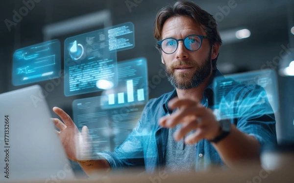 Fototapeta Focused businessman uses data driven insights for hr management and workforce planning. Futuristic technology assists strategic management and project analysis