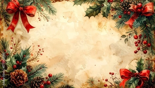 Obraz Vintage watercolor Christmas postcard with holly mistletoe and nostalgic aged paper texture