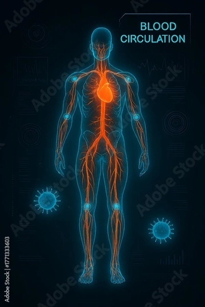 Fototapeta Futuristic blood circulation map with glowing arterial data visualization.