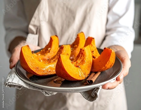 Obraz Roasted Pumpkin Slices on Plate Held by Person in Apron.