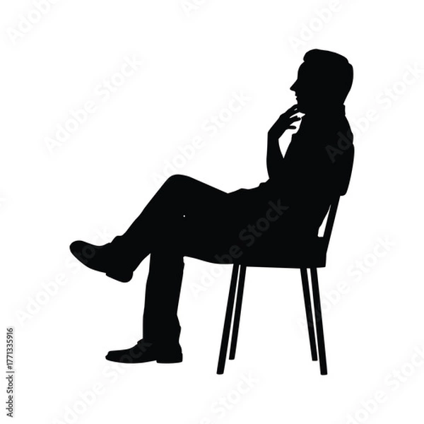 Obraz Silhouette of a thoughtful man sitting on a chair, cross-legged, with his hand resting on his chin. Represents contemplation, analysis, ideas, planning, and problem-solving.