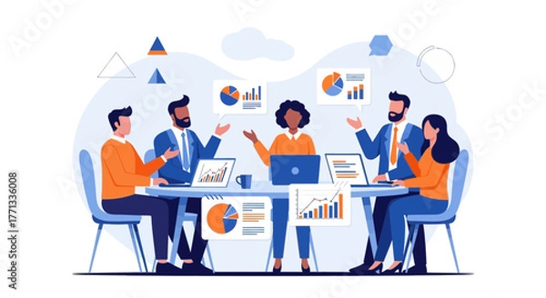 Fototapeta Teamwork And Discussion Around Statistics, Business Information, With Laptops And Data Charts