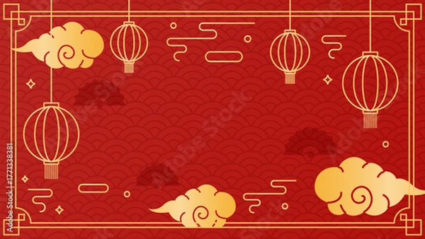 Fototapeta 2026 Chinese New Year background. Festive chinese background with lanterns, clouds, waves, and traditional patterns.