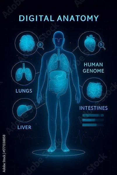 Obraz Digital human anatomy interface with zoomable 3D organs.
