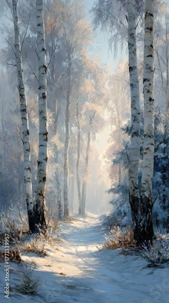 Obraz Winter forest path with birch trees and soft sunlight