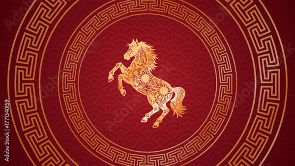 Fototapeta 2026 Chinese New Year background. Chinese new year celebrations feature a golden horse in a festive pattern. Ideal for holiday-themed designs, invitations, and seasonal promotions.