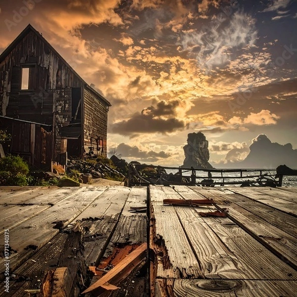 Fototapeta Rustic Charm - Abandoned Barn on a Weathered Dock at Sunset.