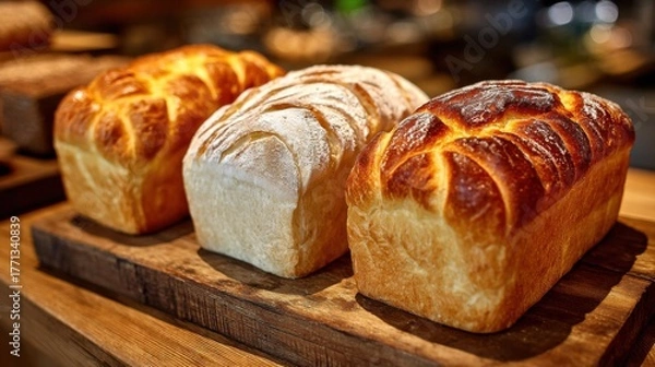 Obraz Freshly baked loaves of bread on wooden board