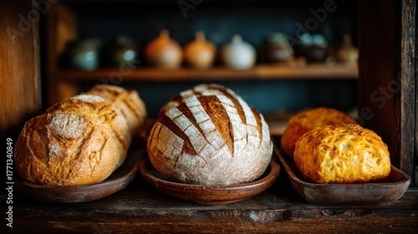 Obraz Fresh homemade bread loaves in rustic kitchen setting