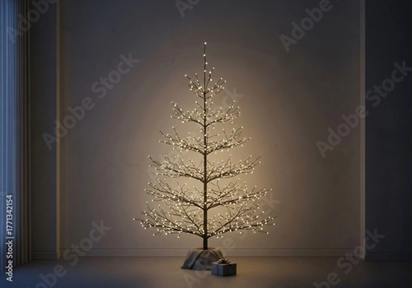 Obraz Natural Christmas tree with warm lights in a modern minimalist living room, a cozy and peaceful atmosphere on Christmas Eve with simple decorations.
