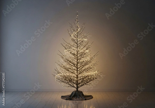 Obraz Natural Christmas tree with warm lights in a modern minimalist living room, a cozy and peaceful atmosphere on Christmas Eve with simple decorations.