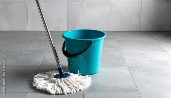 Fototapeta Turquoise bucket and white string mop with metal handle on light gray tiled floor.