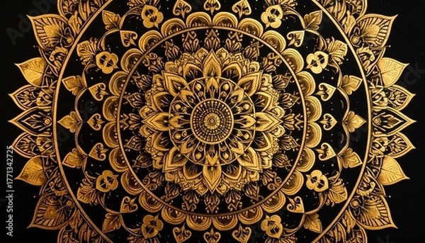 Fototapeta Golden mandala with floral and geometric symmetry on black background.