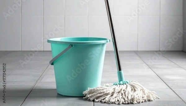 Fototapeta Turquoise bucket and white string mop with metal handle on light gray tiled floor.