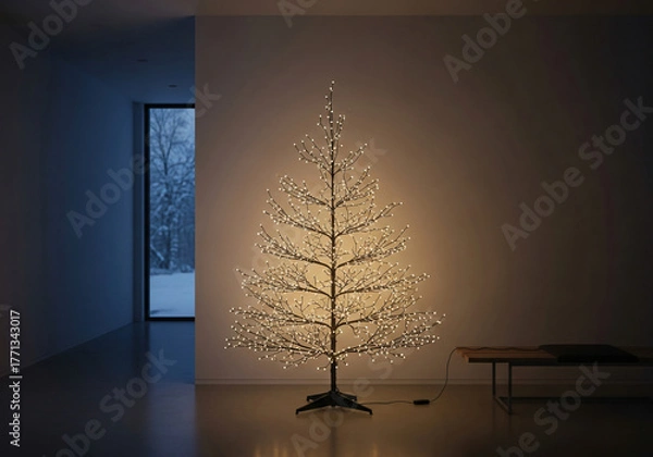 Obraz Natural Christmas tree with warm lights in a modern minimalist living room, a cozy and peaceful atmosphere on Christmas Eve with simple decorations.