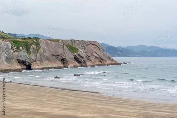 Obraz Layered Flysch Rock Formation Cliffs and Wide Sandy Beach on the Basque Coast Spain; Bay of Biscay
