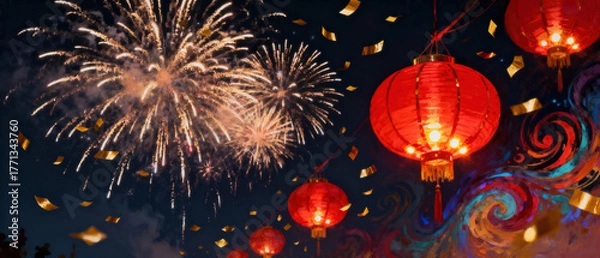 Fototapeta Festive new year celebration with red lantern, golden confetti and firework. joyous lunar event glowing in night sky