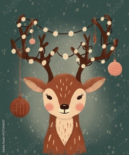 Fototapeta Christmas postcard with a cute deer: glowing garland and ornaments on antlers. Hand drawn illustration