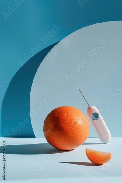 Fototapeta World diabetes day concept with orange and glucometer against blue background. Vertical banner. Copy space. Healthcare and medical concept