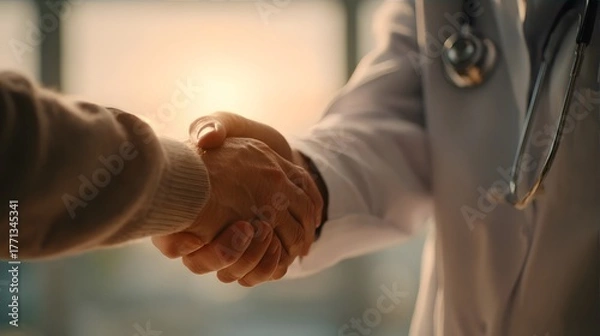 Obraz Doctor and patient shaking hands in hospital office.