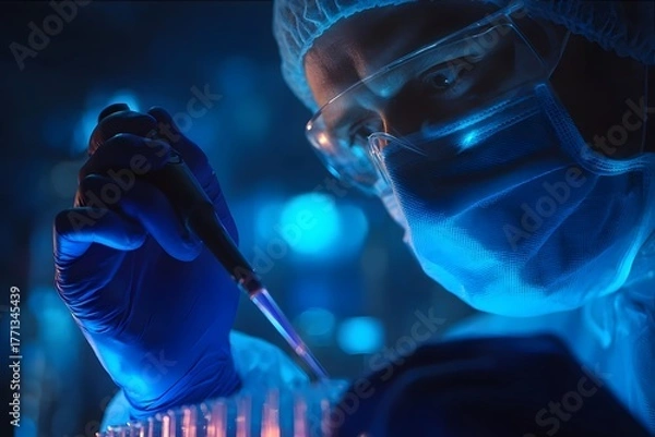 Obraz Scientist using pipette in laboratory under blue lighting.