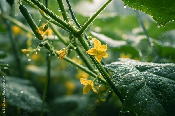 Obraz Close-up of cucumber plant with yellow flowers and water droplets.