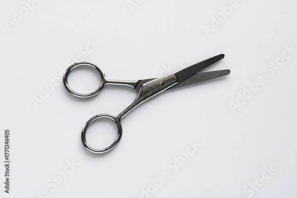 Fototapeta A pair of small, sharp silver metal scissors, ideal for precision tasks such as crafting, or intricate cutting. The sleek design and open blades are presented against a clean white background.
