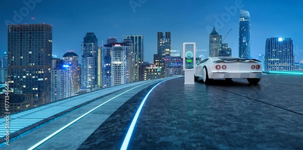 Fototapeta 3d rendering electric vehicle charging on futuristic city road at night
